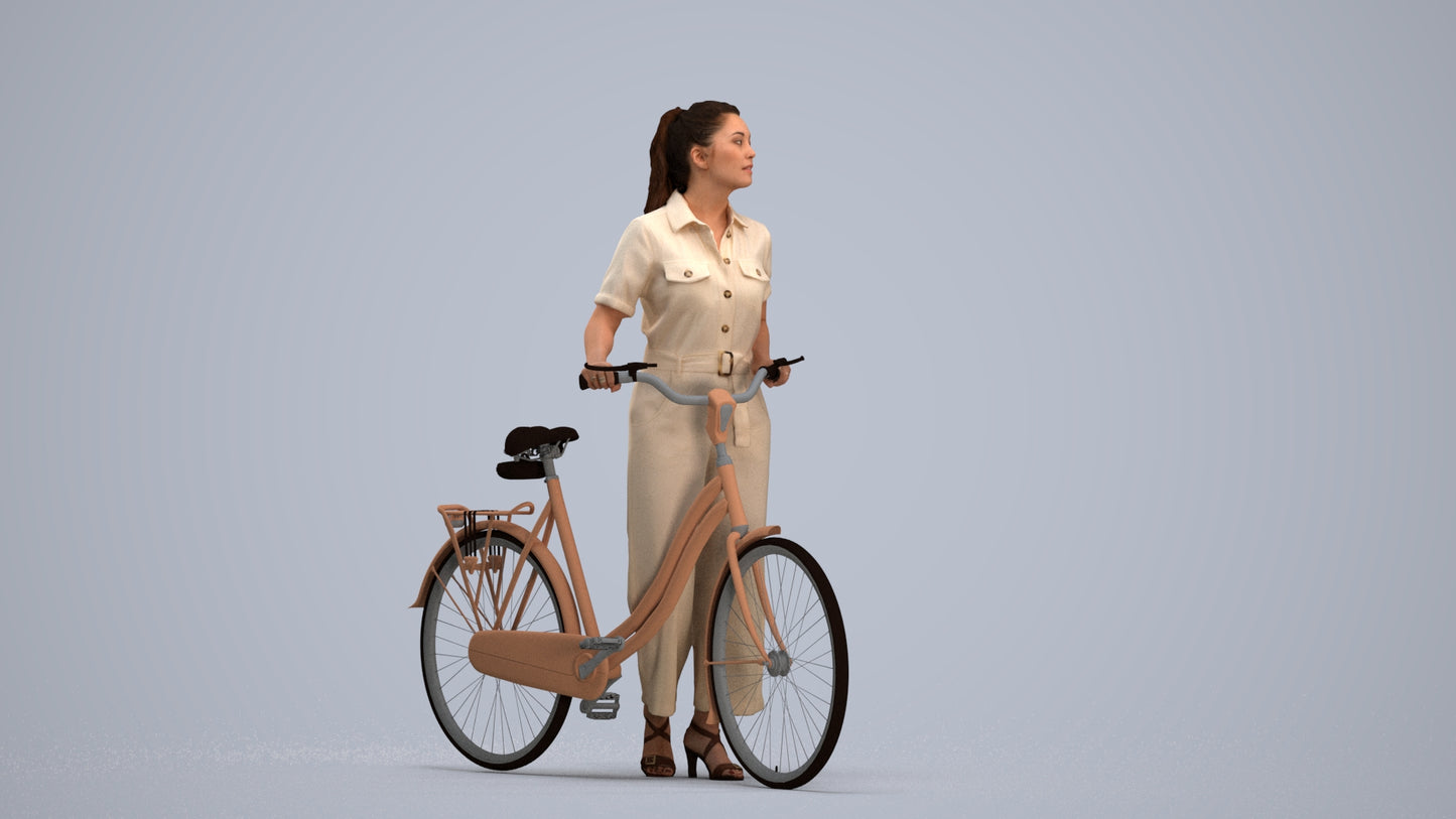 realistic 3D woman formal cycling, scanned archviz people for Blender and 3ds Max, standing pose render