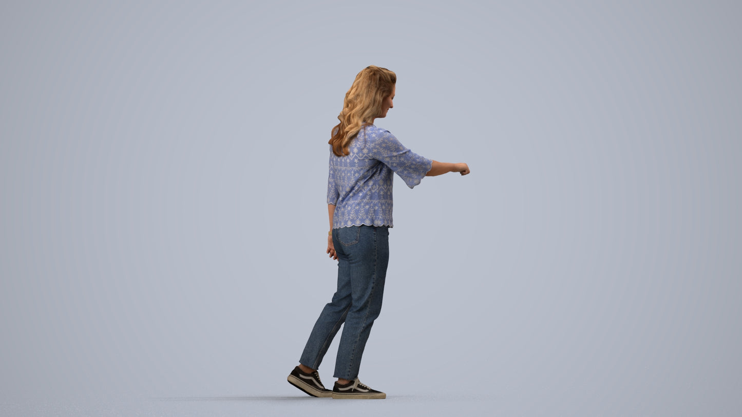 3D human model woman casual mix, photogrammetry scanned person for archviz, side view render