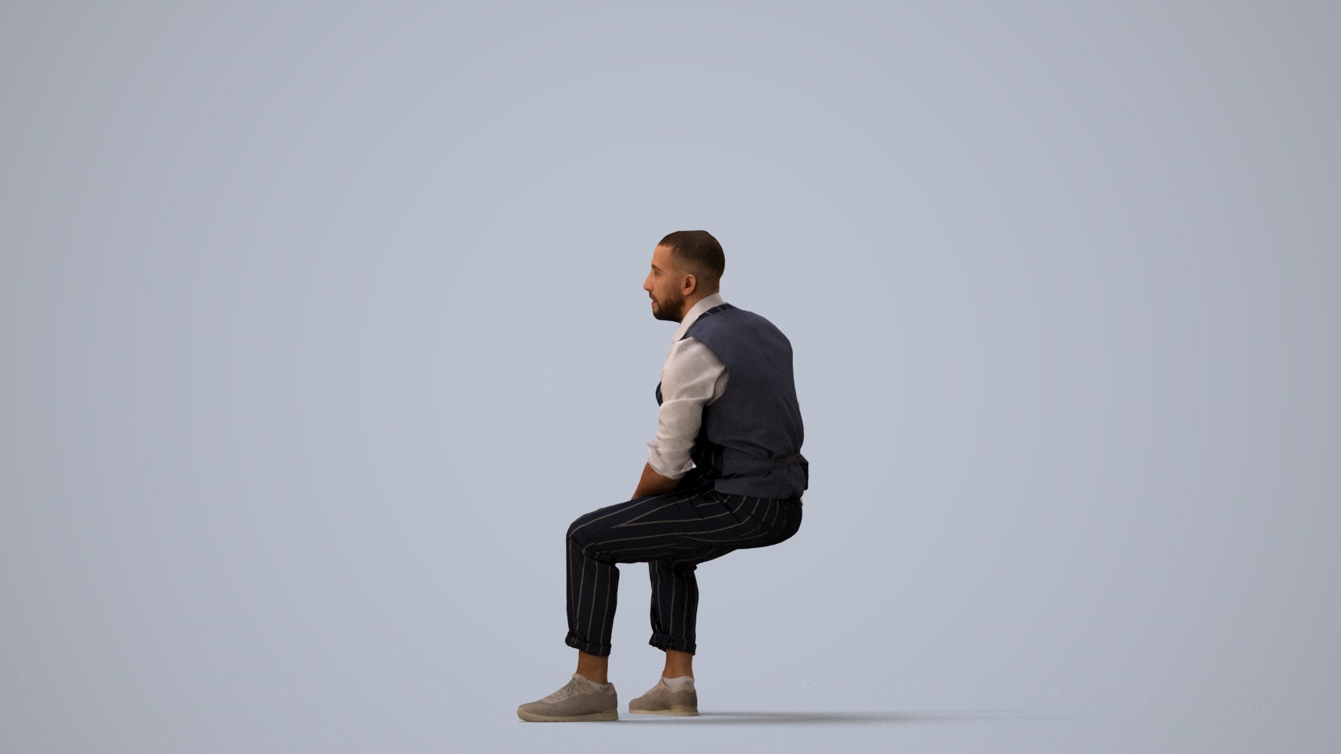 photogrammetry 3D man business sitting, realistic human model archviz FBX, three-quarter view render