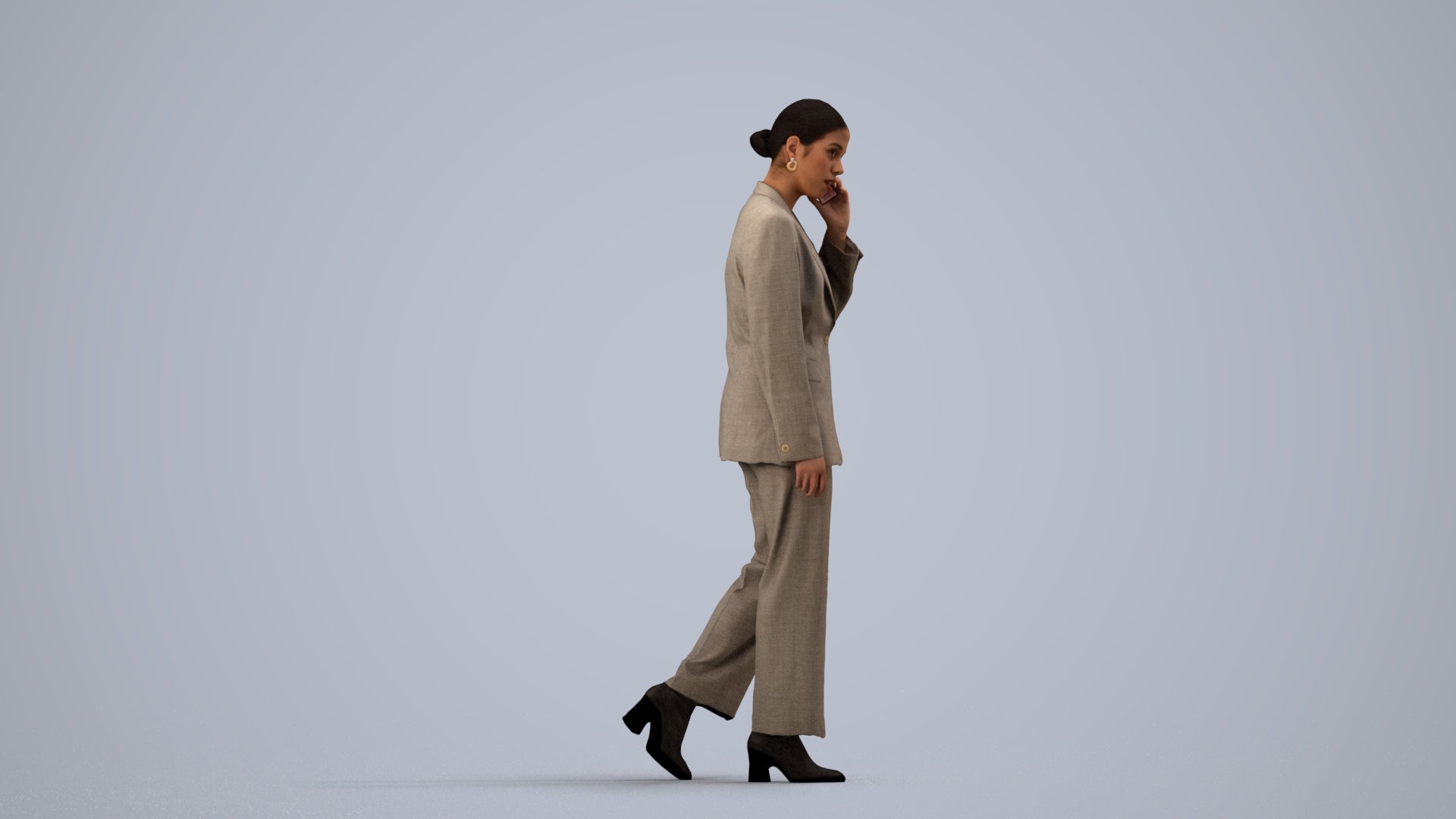 3D scanned woman walking business, photorealistic archviz people for Enscape and SketchUp, side view render