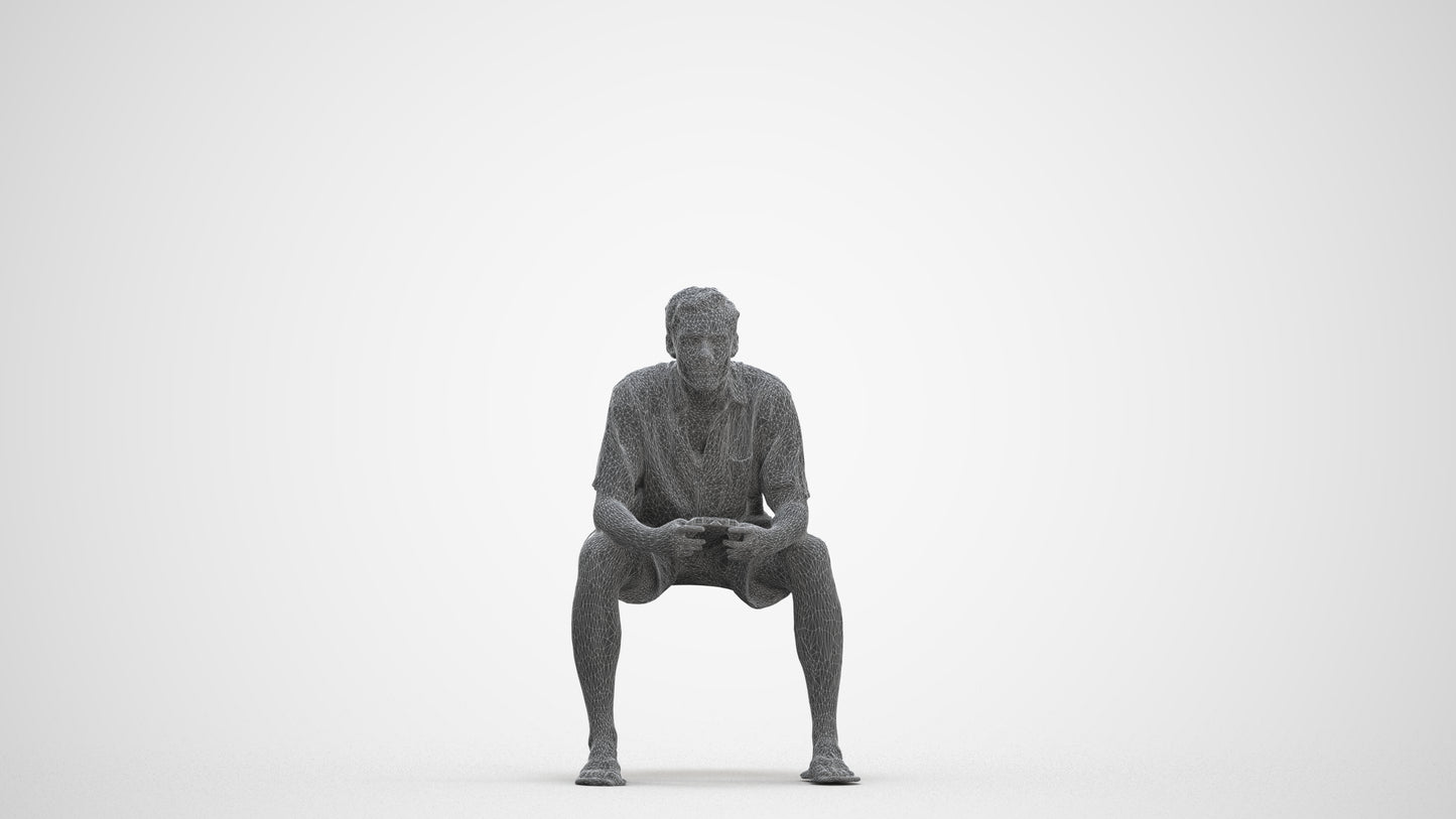 scanned 3D man casual sitting, photogrammetry people for Enscape and V-Ray, three-quarter front view render