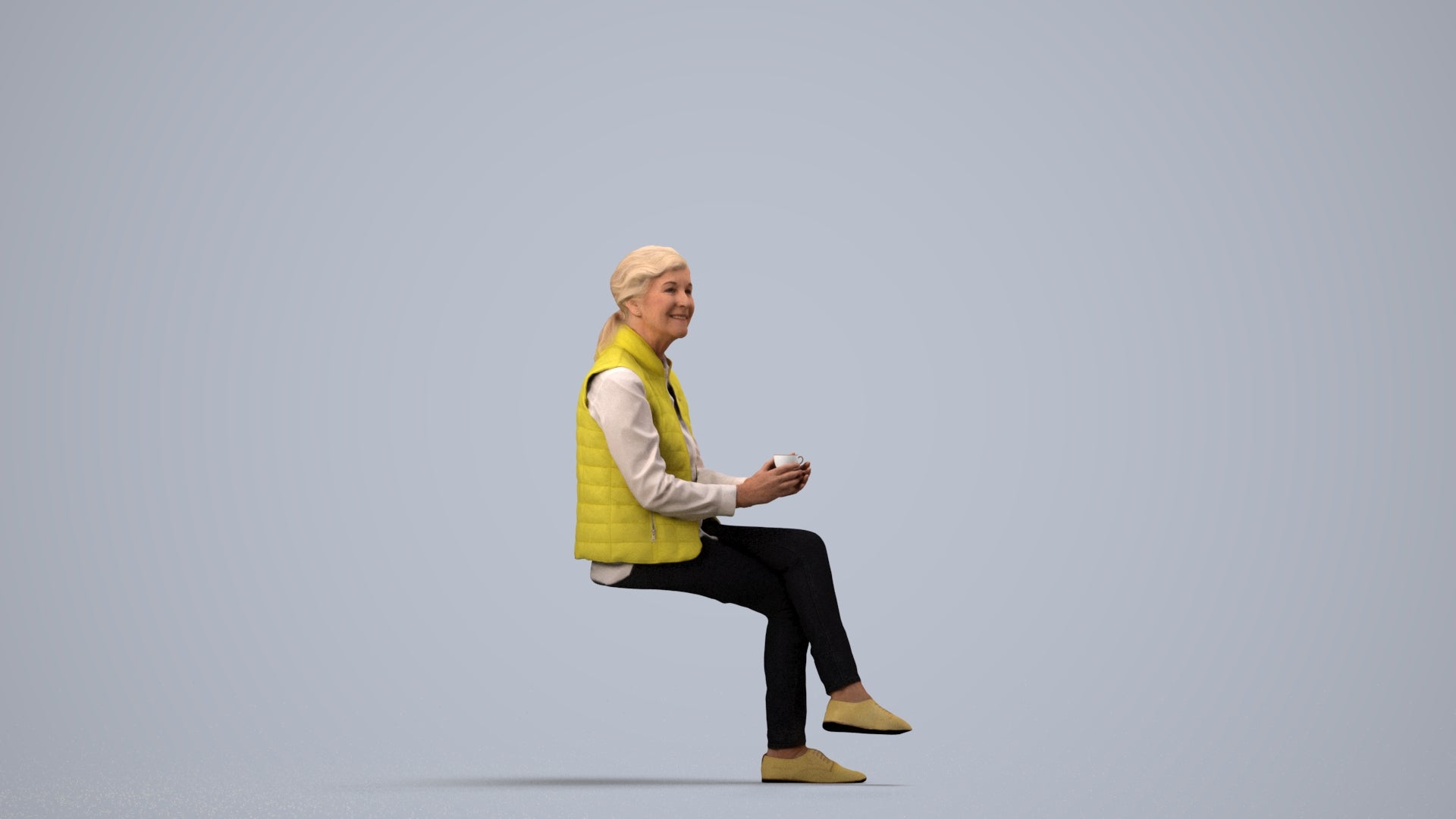 realistic 3D people senior woman casual sitting, render-ready for V-Ray and Corona, FBX OBJ, side view render