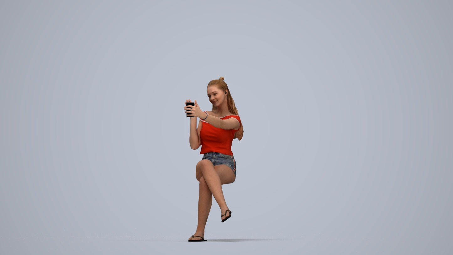 realistic 3D human girl casual sitting, archviz people FBX OBJ for Blender, top-down view render