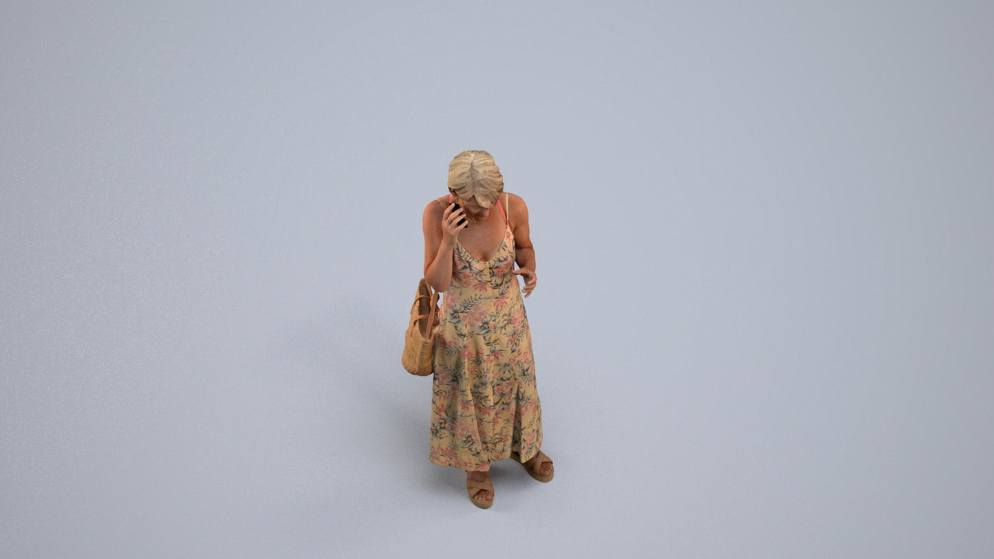 realistic 3D human senior woman standing, archviz people FBX OBJ for Blender, back view render
