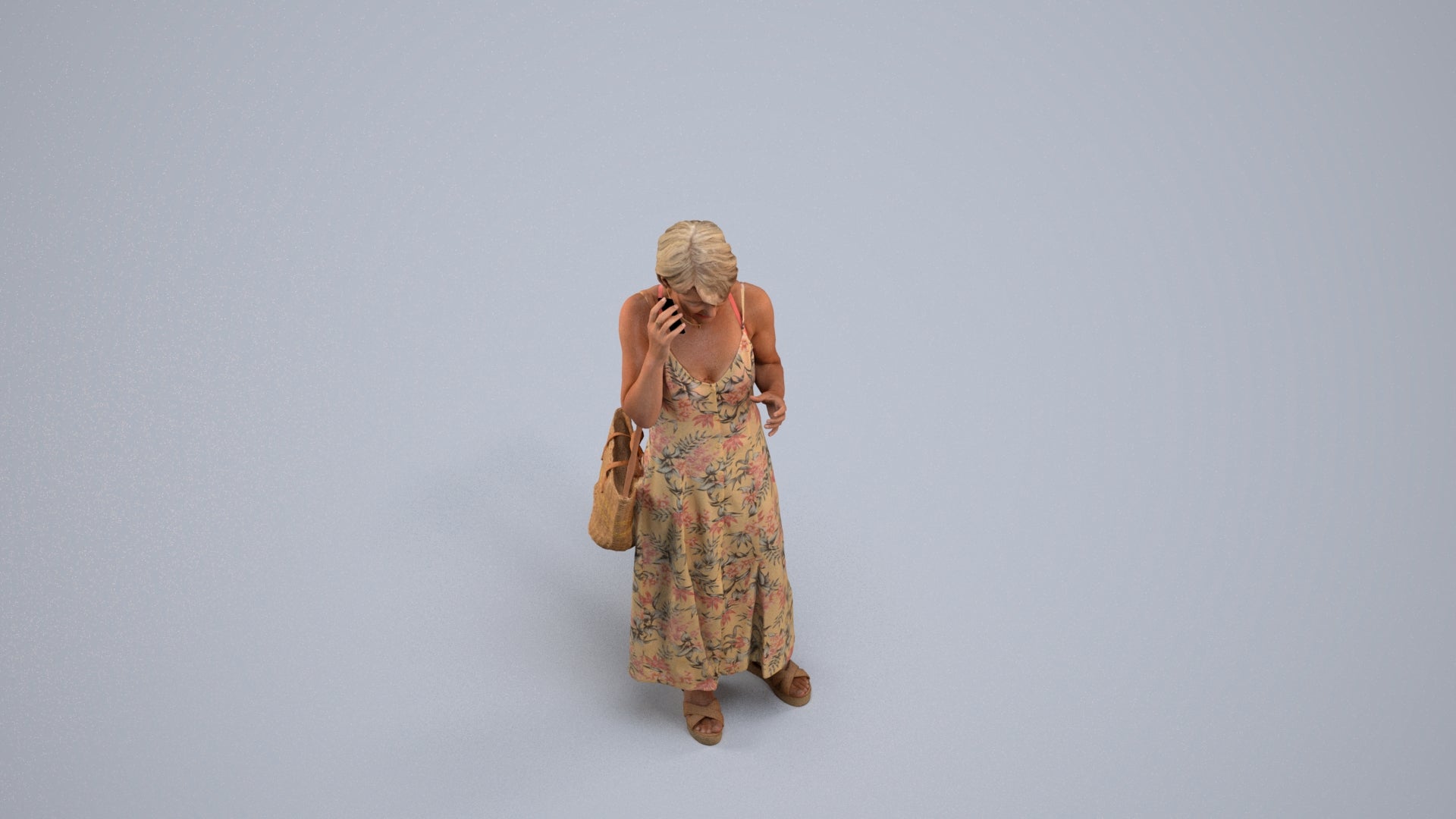 realistic 3D human senior woman standing, archviz people FBX OBJ for Blender, back view render