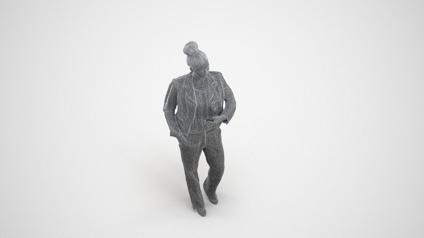 scanned 3D woman business standing, photogrammetry people for Enscape and V-Ray, wireframe three-quarter view