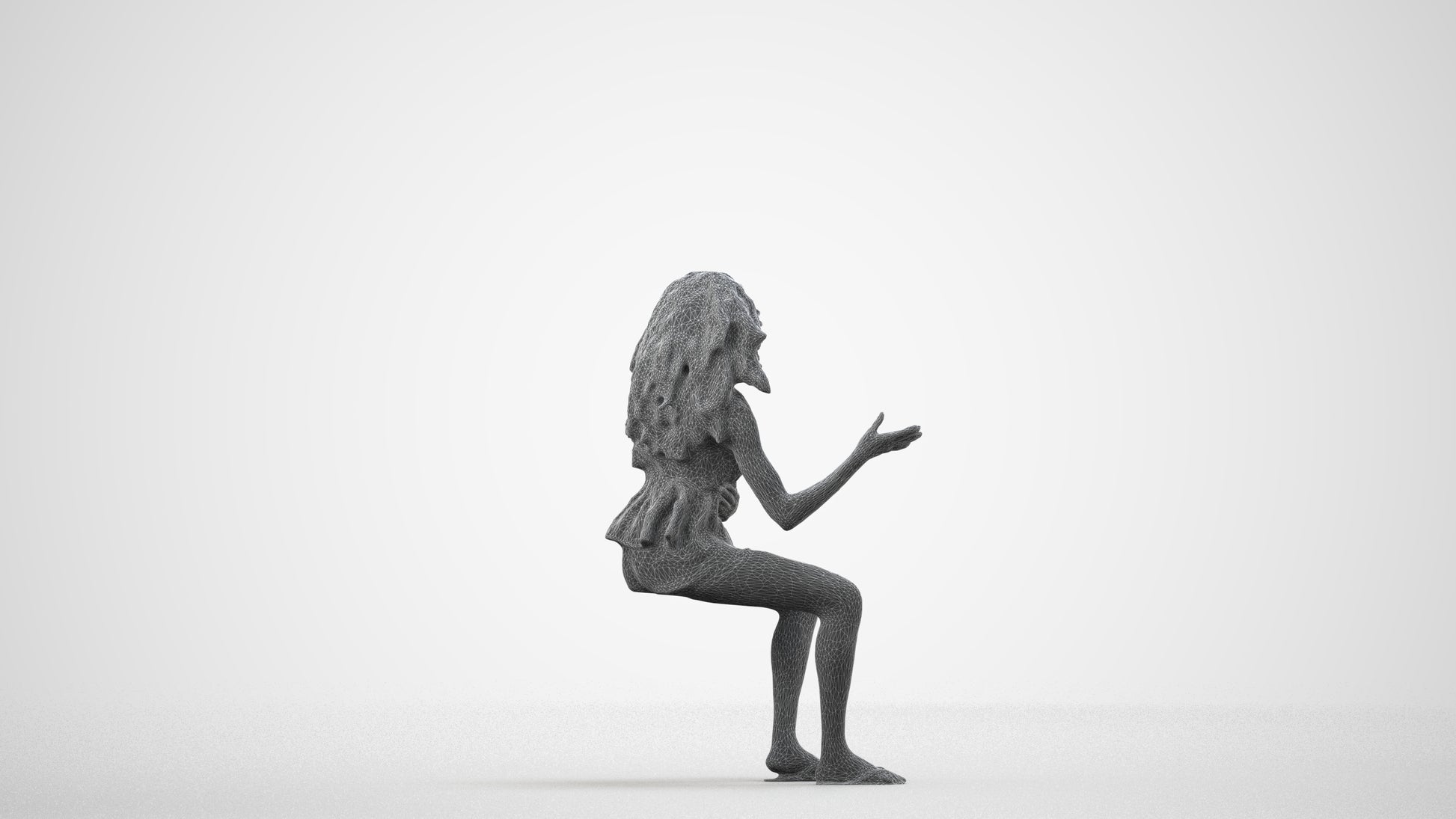 scanned 3D woman casual sitting, photogrammetry people for Enscape and V-Ray, wireframe side view
