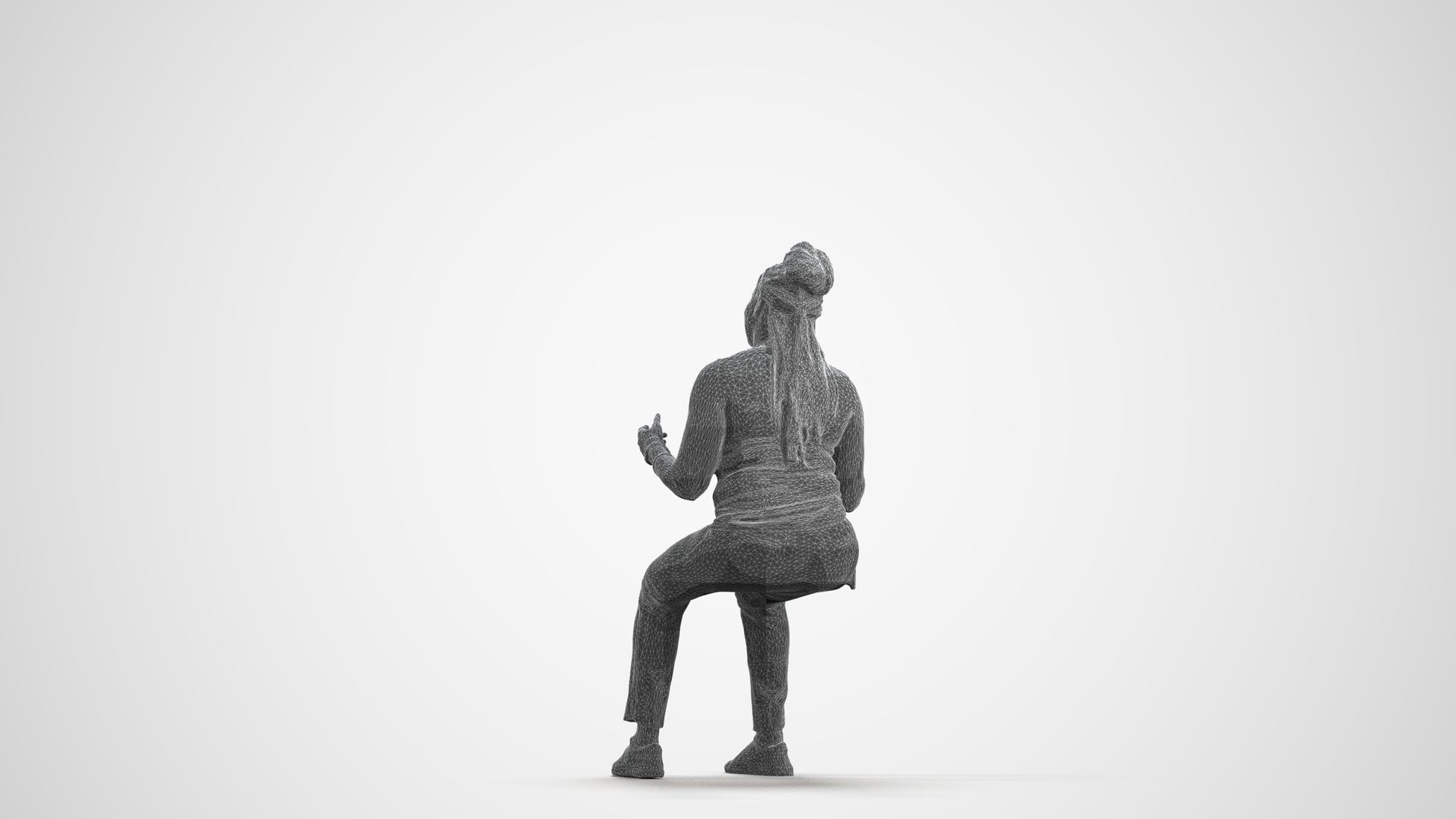 3D human model woman casual sitting, photogrammetry scanned person for archviz, wireframe front view