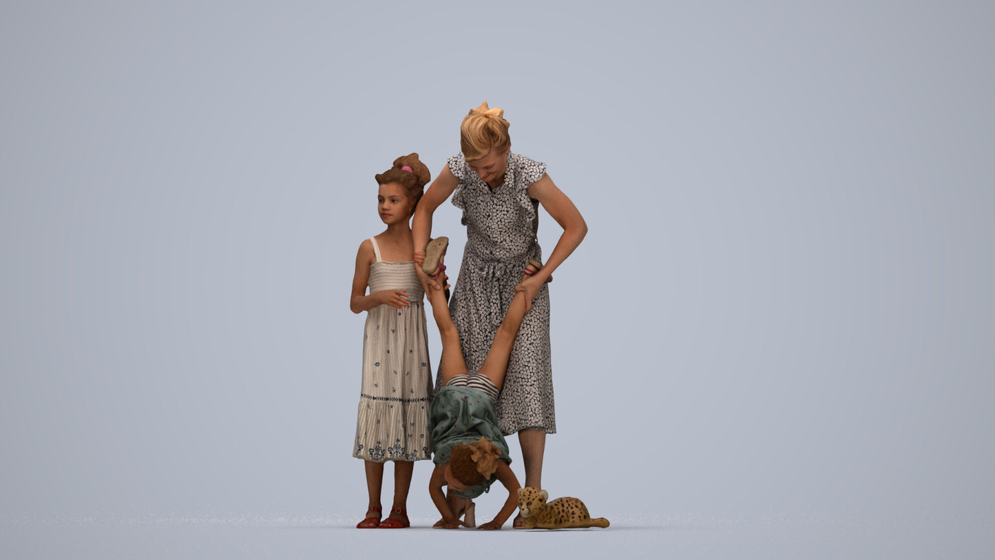 3D human model girl casual kids, photogrammetry scanned person for archviz, top-down view render