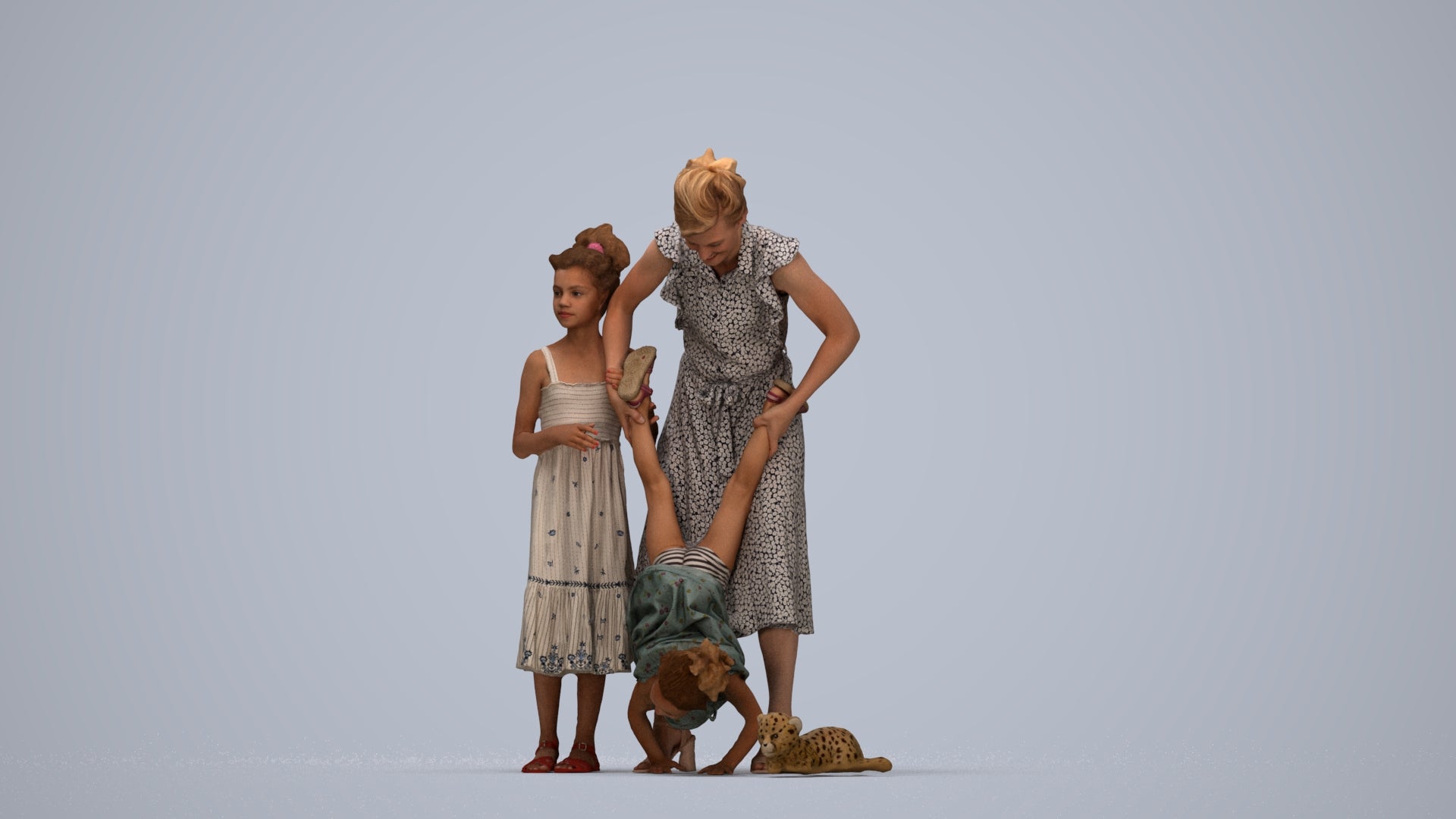 3D human model girl casual kids, photogrammetry scanned person for archviz, top-down view render