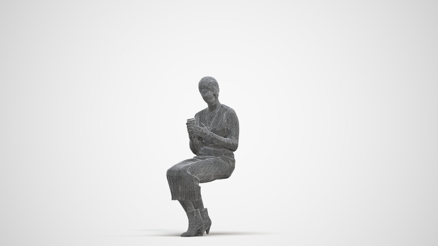 3D scanned woman sitting casual, photorealistic archviz people for Enscape and SketchUp, three-quarter front view render
