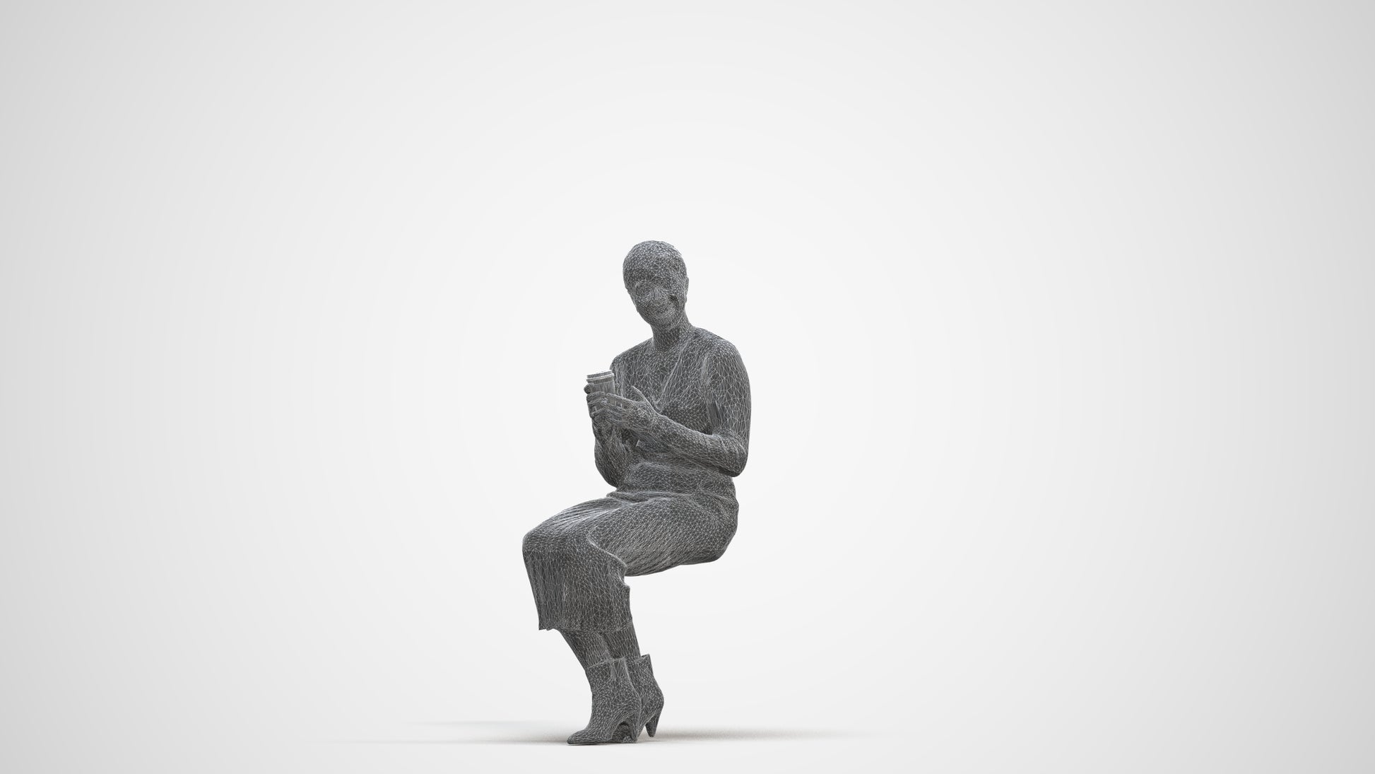 3D scanned woman sitting casual, photorealistic archviz people for Enscape and SketchUp, three-quarter front view render