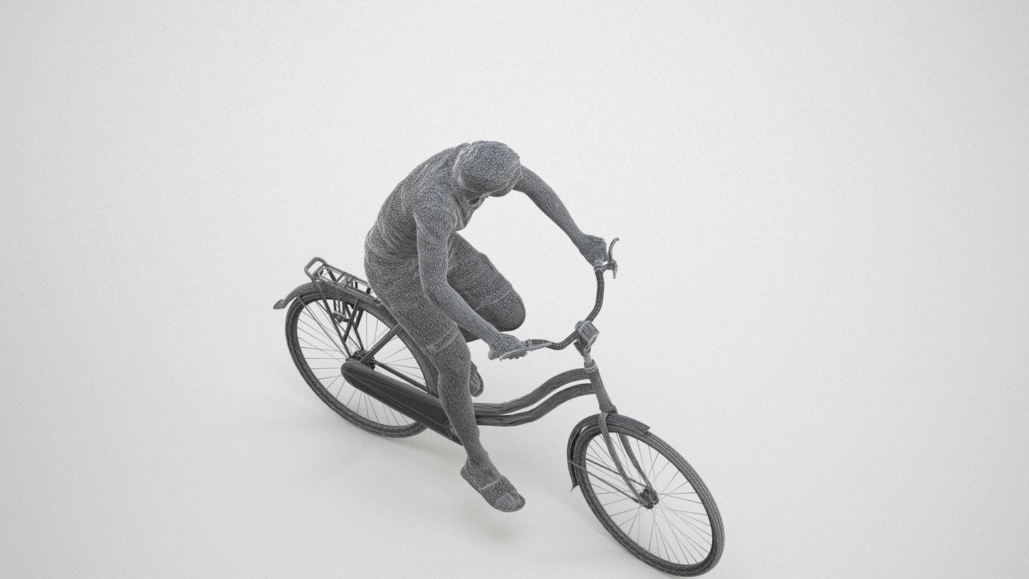 photogrammetry 3D boy casual cycling, realistic human model archviz FBX, wireframe three-quarter view