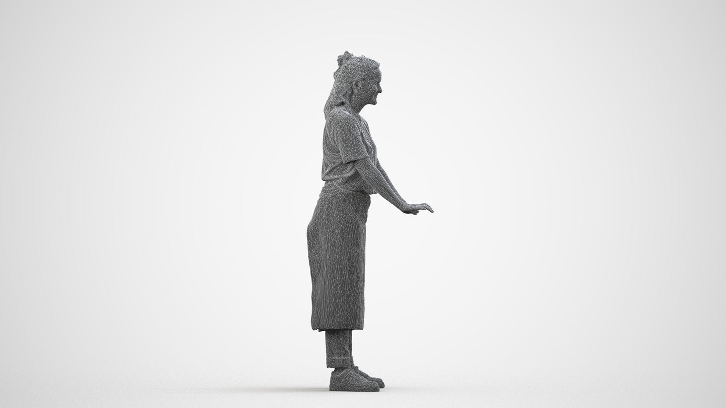 scanned 3D woman hospitality, photogrammetry people for Enscape and V-Ray, wireframe side view