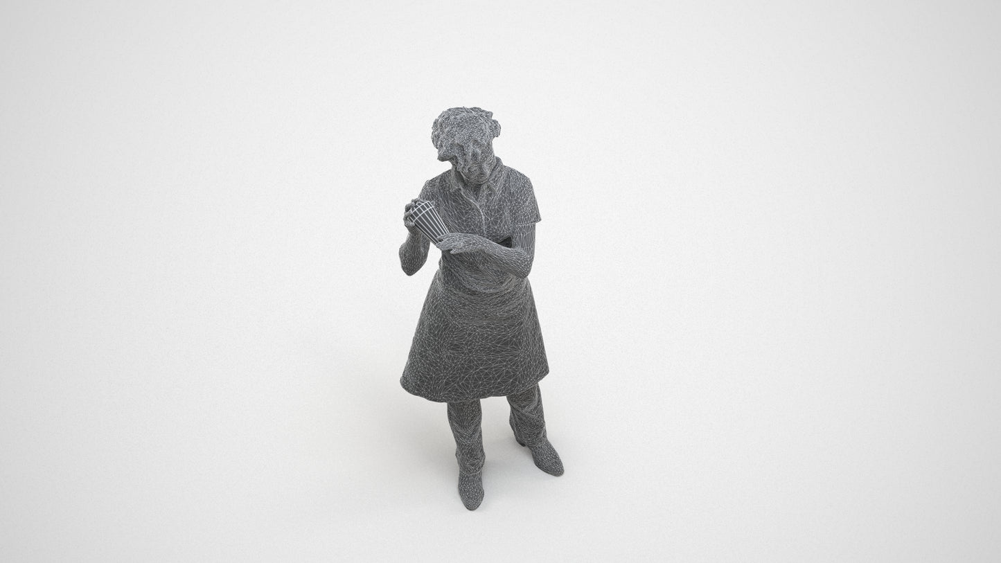 3D people model woman hospitality, scanned human for 3ds Max rendering, wireframe three-quarter view
