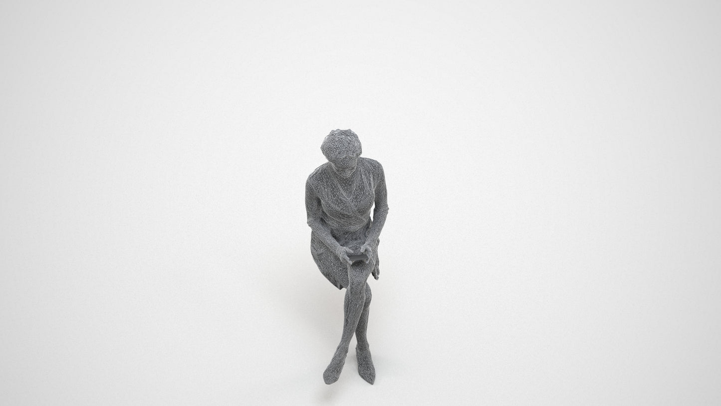 realistic 3D woman casual sitting, scanned archviz people for Blender and 3ds Max, wireframe three-quarter view