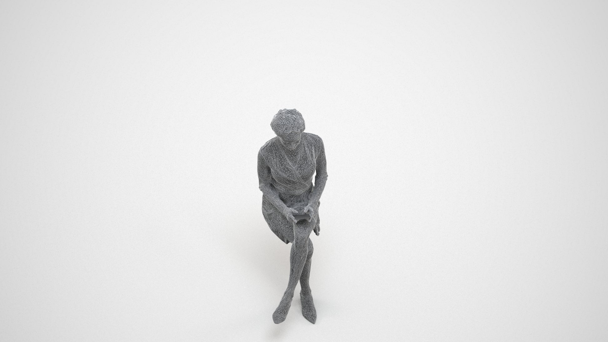 realistic 3D woman casual sitting, scanned archviz people for Blender and 3ds Max, wireframe three-quarter view
