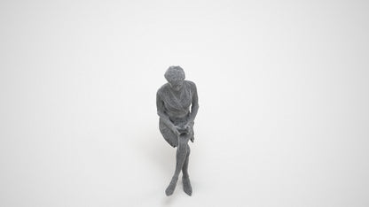 realistic 3D woman casual sitting, scanned archviz people for Blender and 3ds Max, wireframe three-quarter view