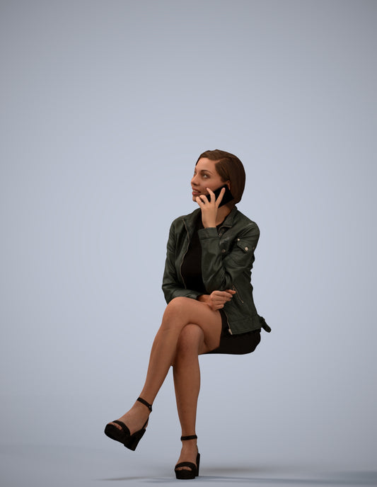 3D human model woman casual sitting, photogrammetry scanned person for archviz