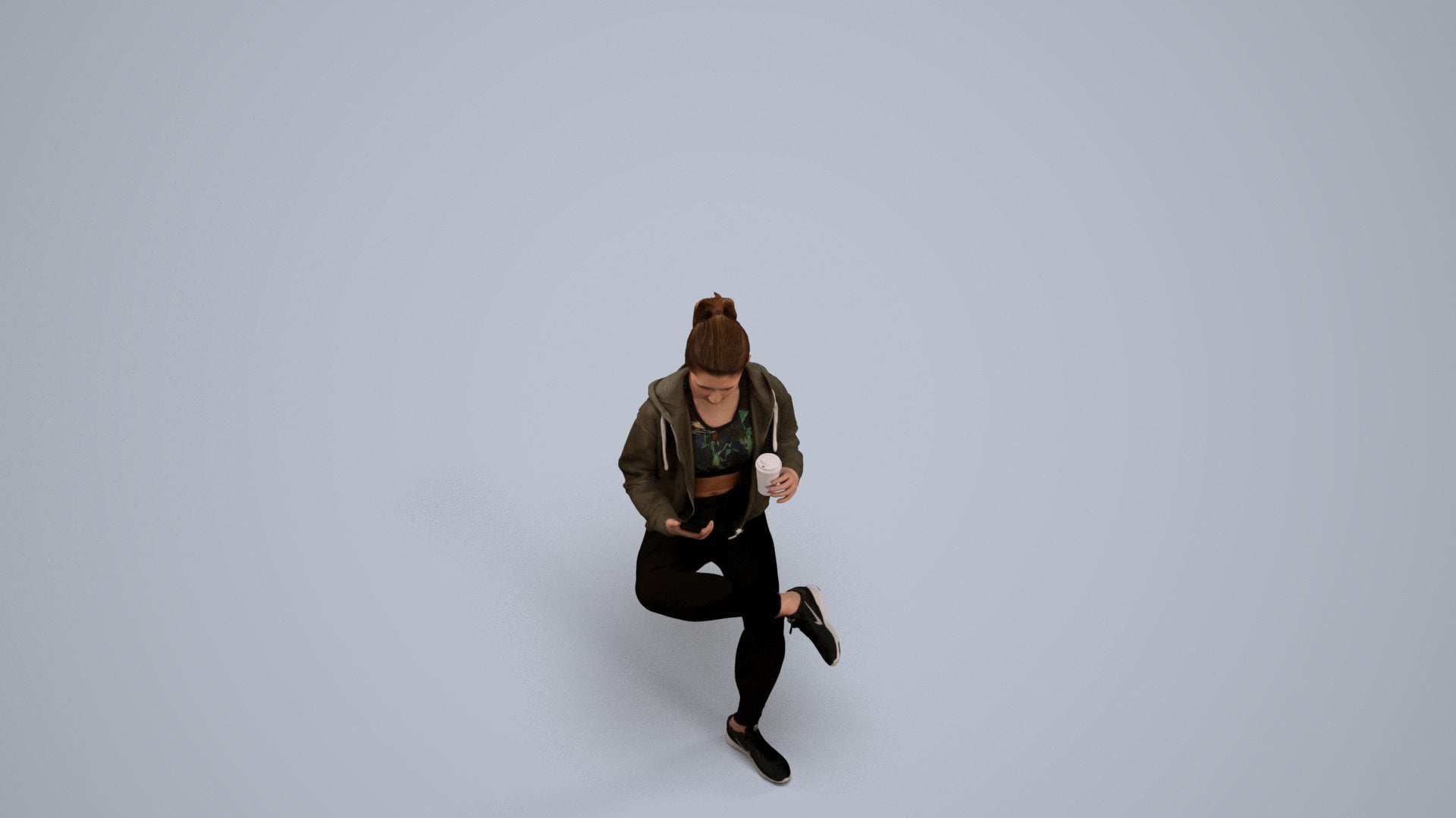 realistic 3D woman sport sitting, scanned archviz people for Blender and 3ds Max, back view render