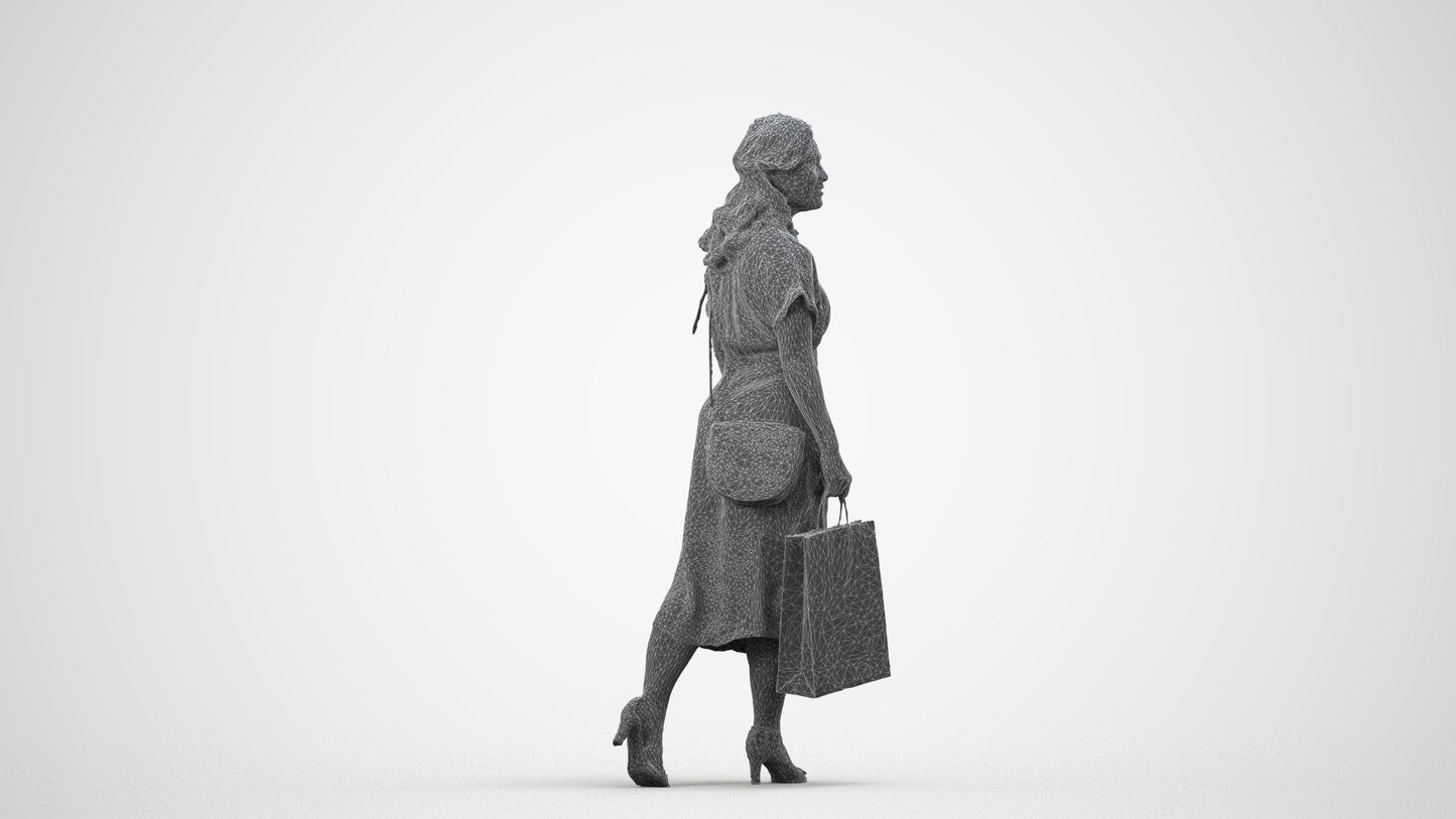 photogrammetry 3D woman casual walking, realistic human model archviz FBX, wireframe side view