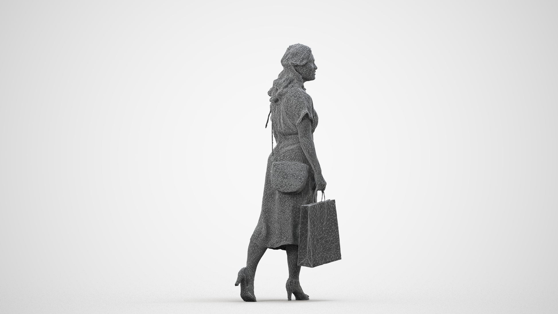 photogrammetry 3D woman casual walking, realistic human model archviz FBX, wireframe side view