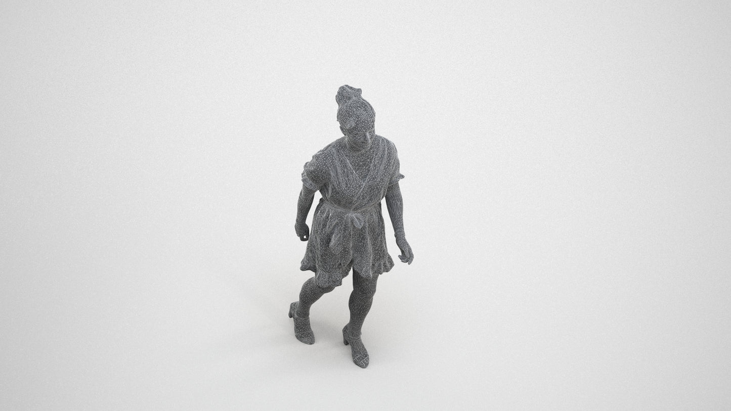photogrammetry 3D woman casual walking, realistic human model archviz FBX, wireframe three-quarter view