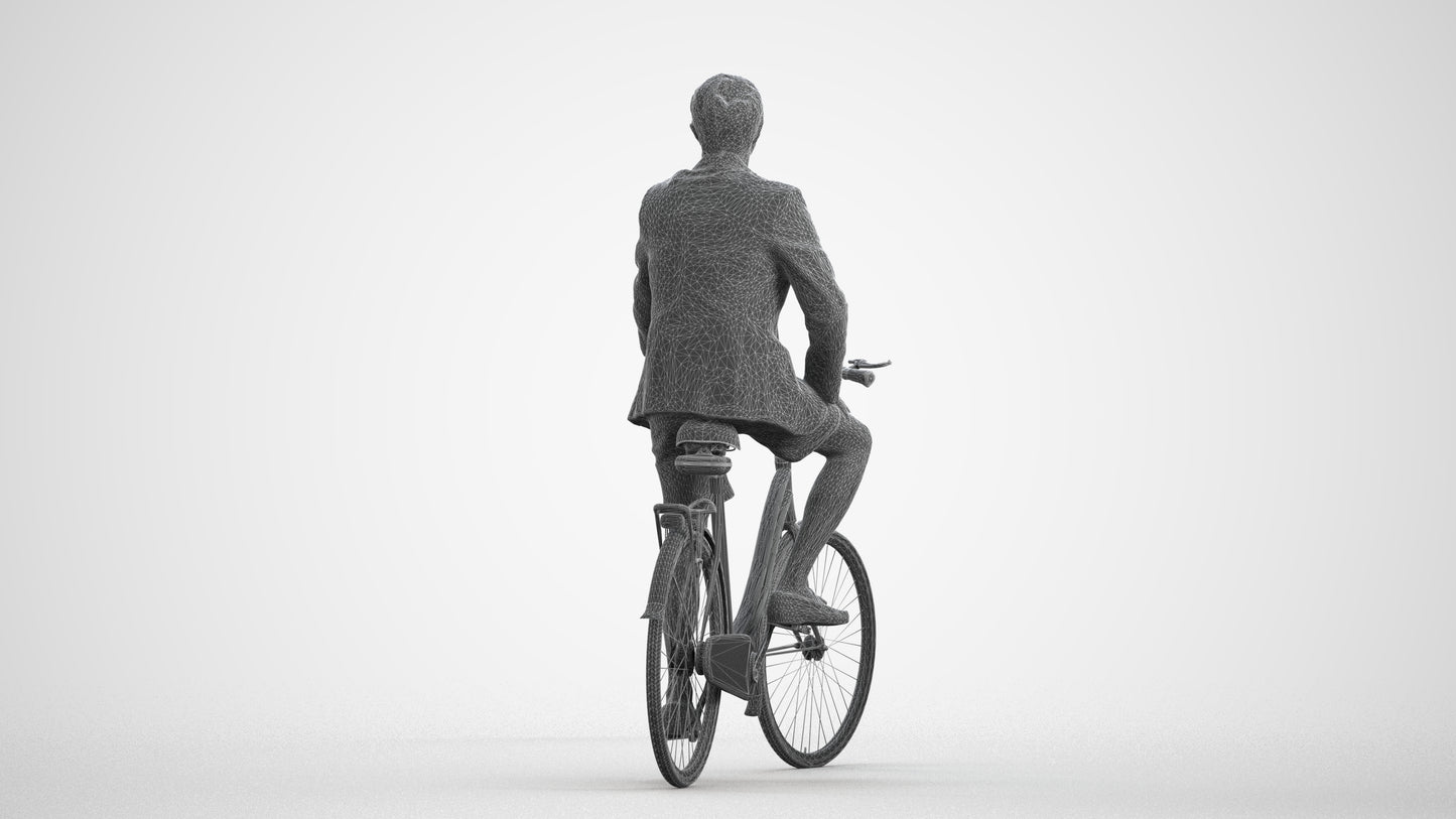 3D scanned man cycling business, photorealistic archviz people for Enscape and SketchUp, wireframe front view