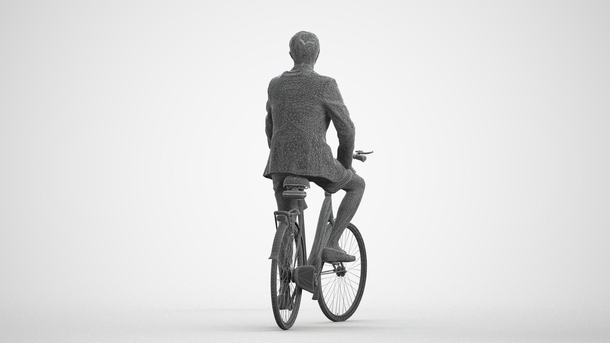 3D scanned man cycling business, photorealistic archviz people for Enscape and SketchUp, wireframe front view