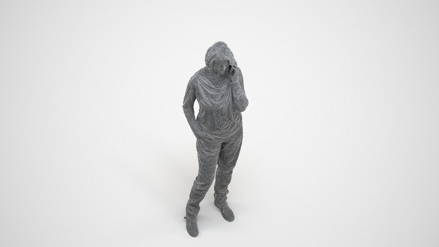 realistic 3D woman casual standing, scanned archviz people for Blender and 3ds Max, wireframe three-quarter view