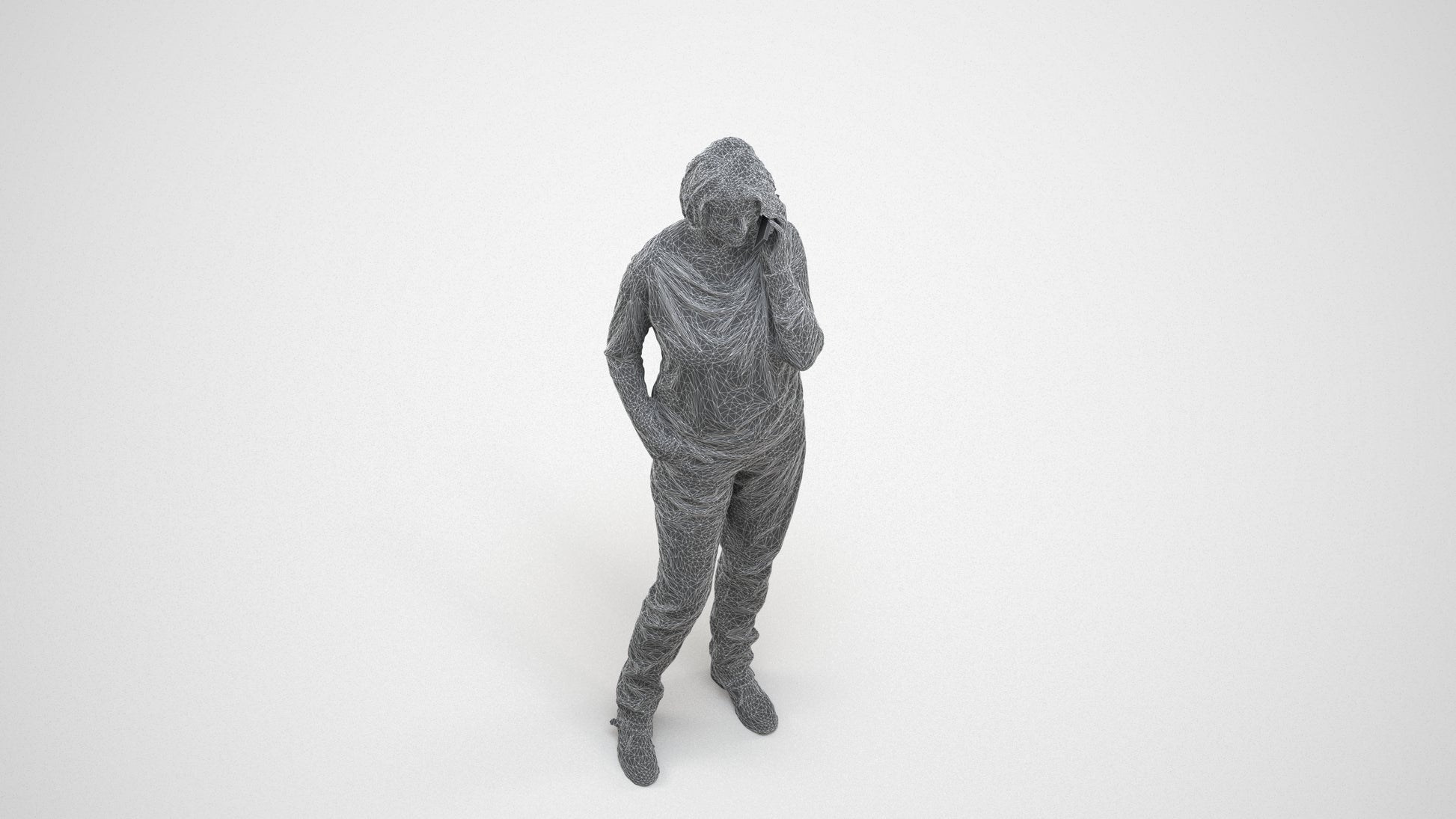 realistic 3D woman casual standing, scanned archviz people for Blender and 3ds Max, wireframe three-quarter view