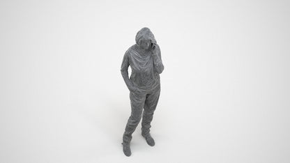 realistic 3D woman casual standing, scanned archviz people for Blender and 3ds Max, wireframe three-quarter view