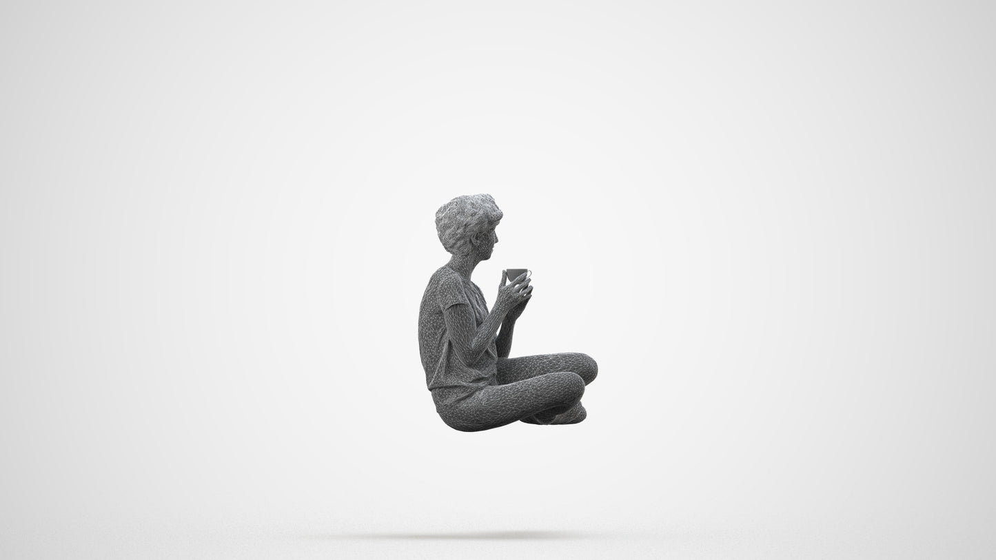 3D human model woman casual sitting, photogrammetry scanned person for archviz, wireframe side view