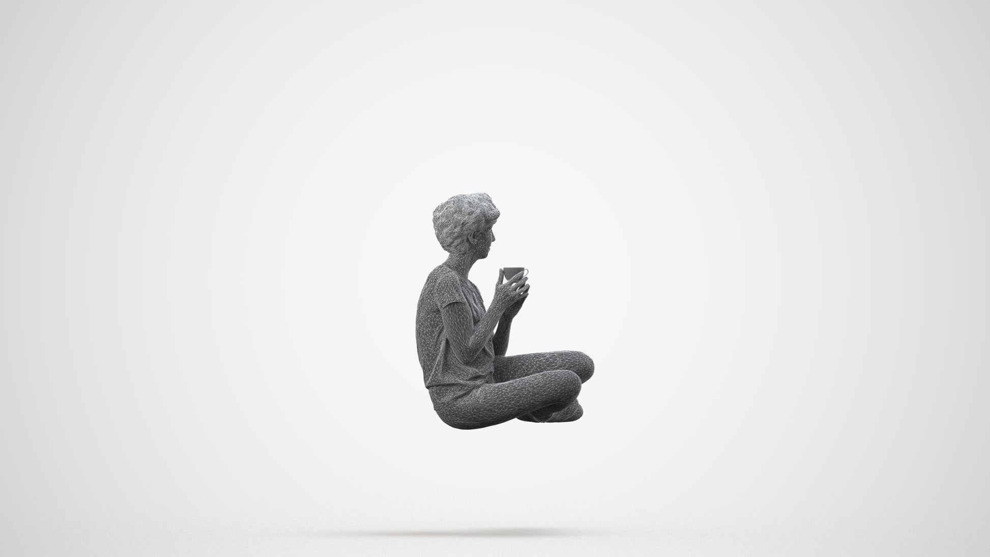 3D human model woman casual sitting, photogrammetry scanned person for archviz, wireframe side view