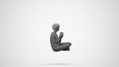3D human model woman casual sitting, photogrammetry scanned person for archviz, wireframe side view