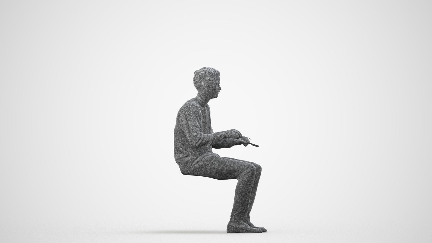 realistic 3D man casual sitting, scanned archviz people for Blender and 3ds Max, wireframe side view