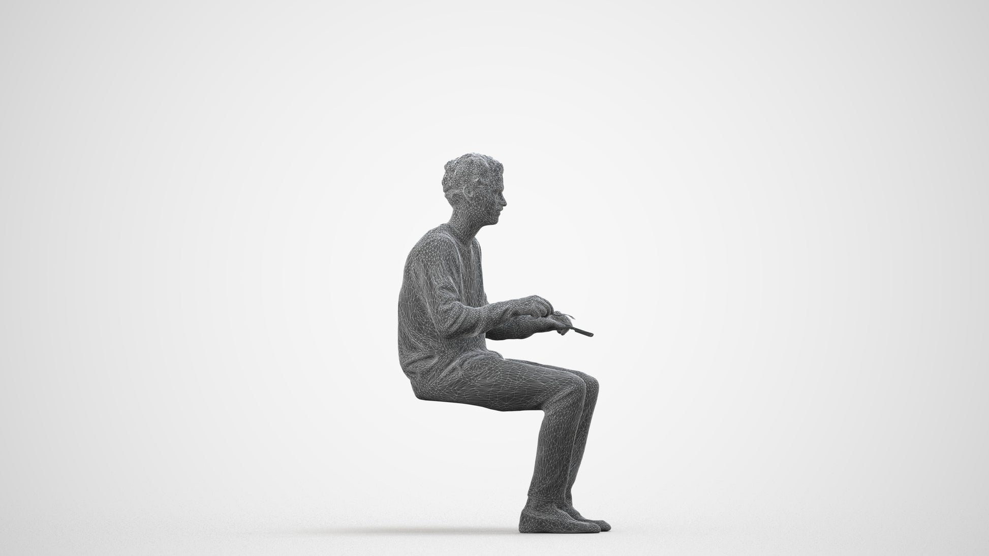 realistic 3D man casual sitting, scanned archviz people for Blender and 3ds Max, wireframe side view