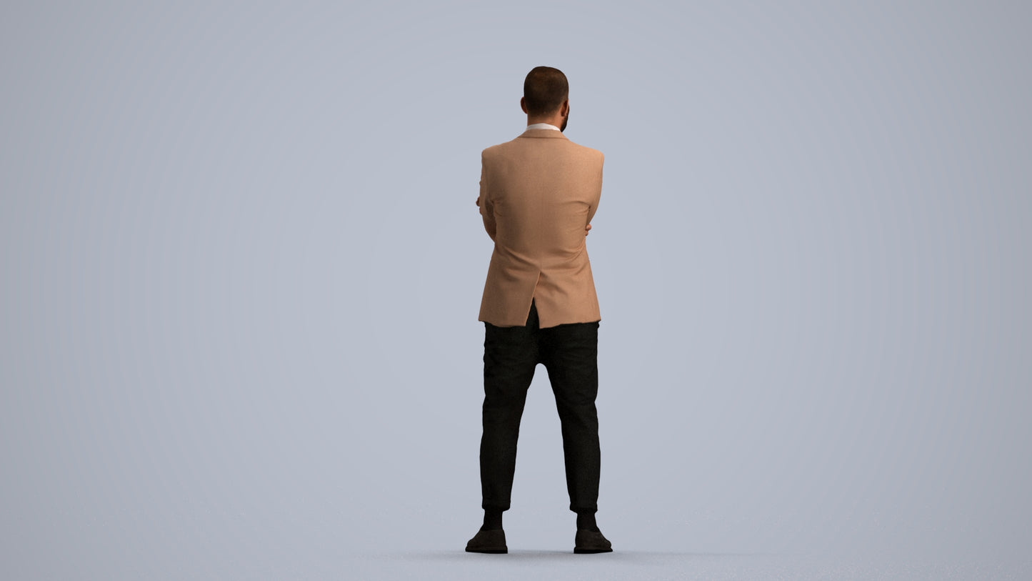 3D human model man business, photogrammetry scanned person for archviz, front view render