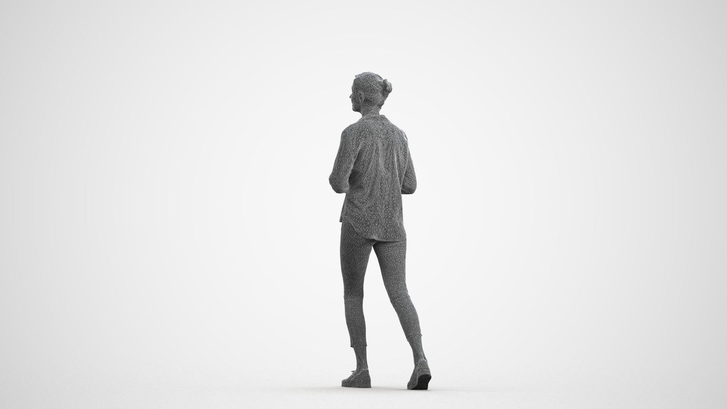 3D scanned senior woman standing casual, photorealistic archviz people for Enscape and SketchUp, wireframe front view