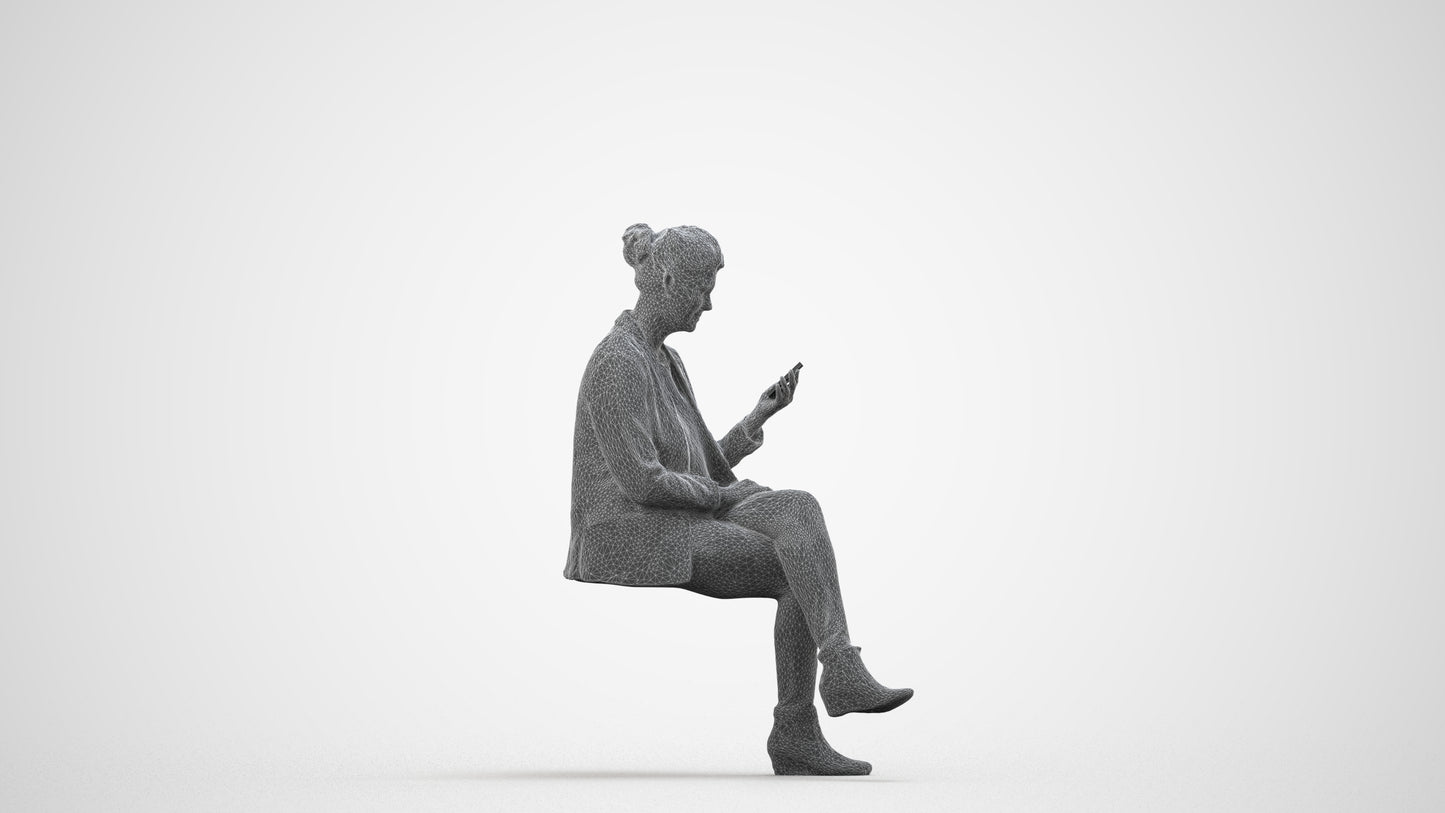 3D scanned woman sitting business, photorealistic archviz people for Enscape and SketchUp, wireframe side view