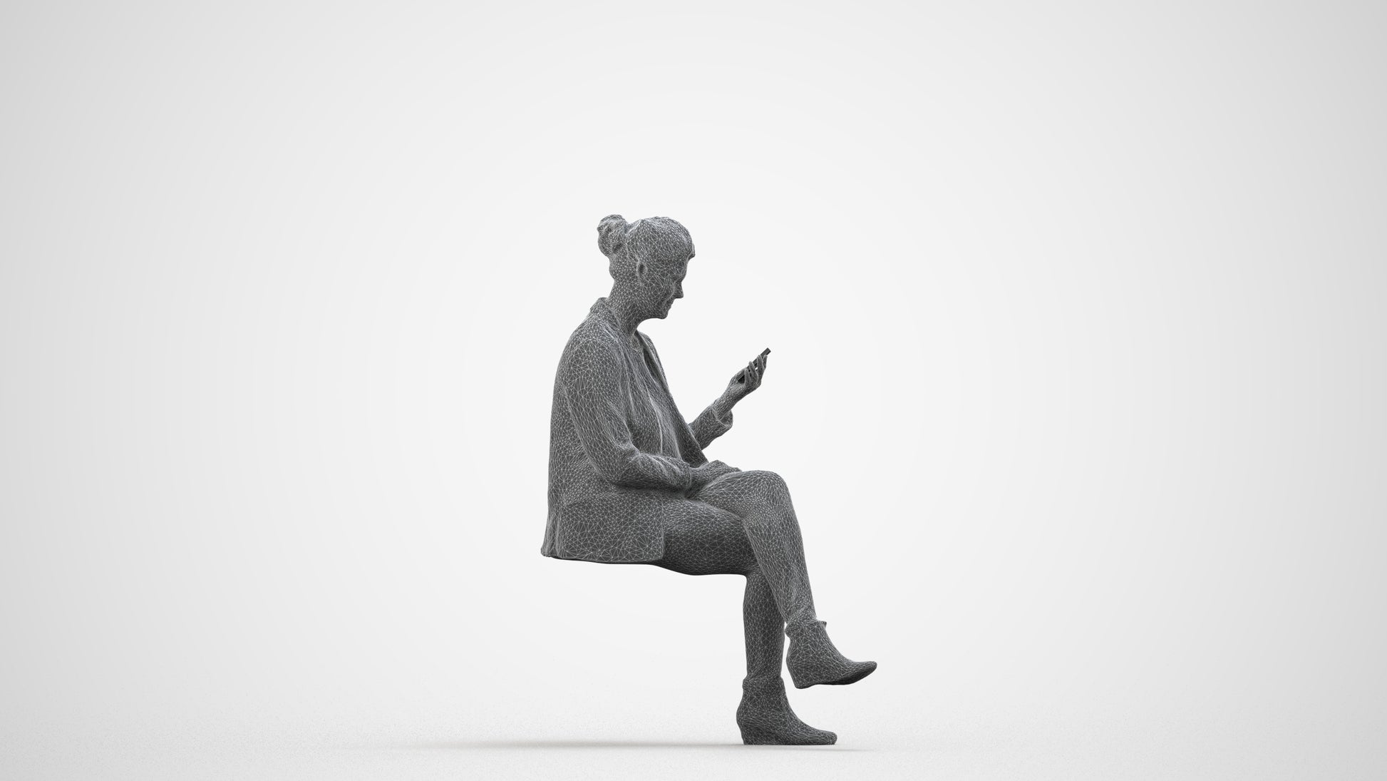 3D scanned woman sitting business, photorealistic archviz people for Enscape and SketchUp, wireframe side view