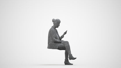 3D scanned woman sitting business, photorealistic archviz people for Enscape and SketchUp, wireframe side view
