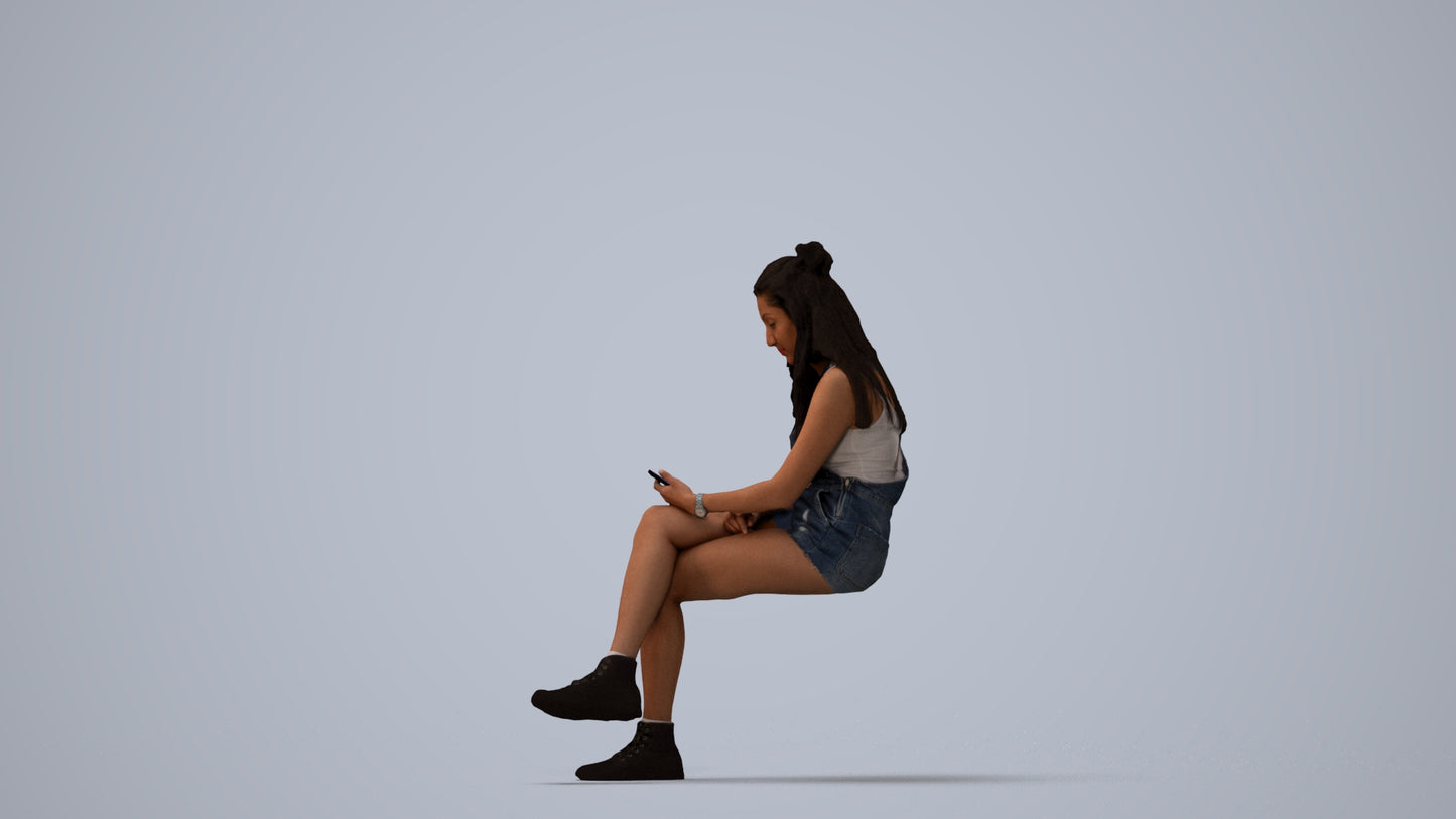 realistic 3D woman casual sitting, scanned archviz people for Blender and 3ds Max, three-quarter view render