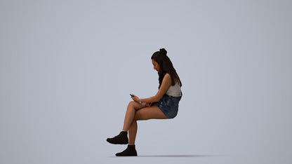 realistic 3D woman casual sitting, scanned archviz people for Blender and 3ds Max, three-quarter view render