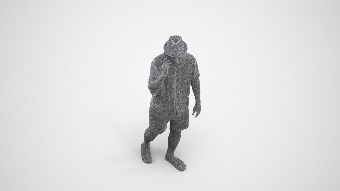 3D human model man walking, photogrammetry scanned person for archviz, wireframe three-quarter view