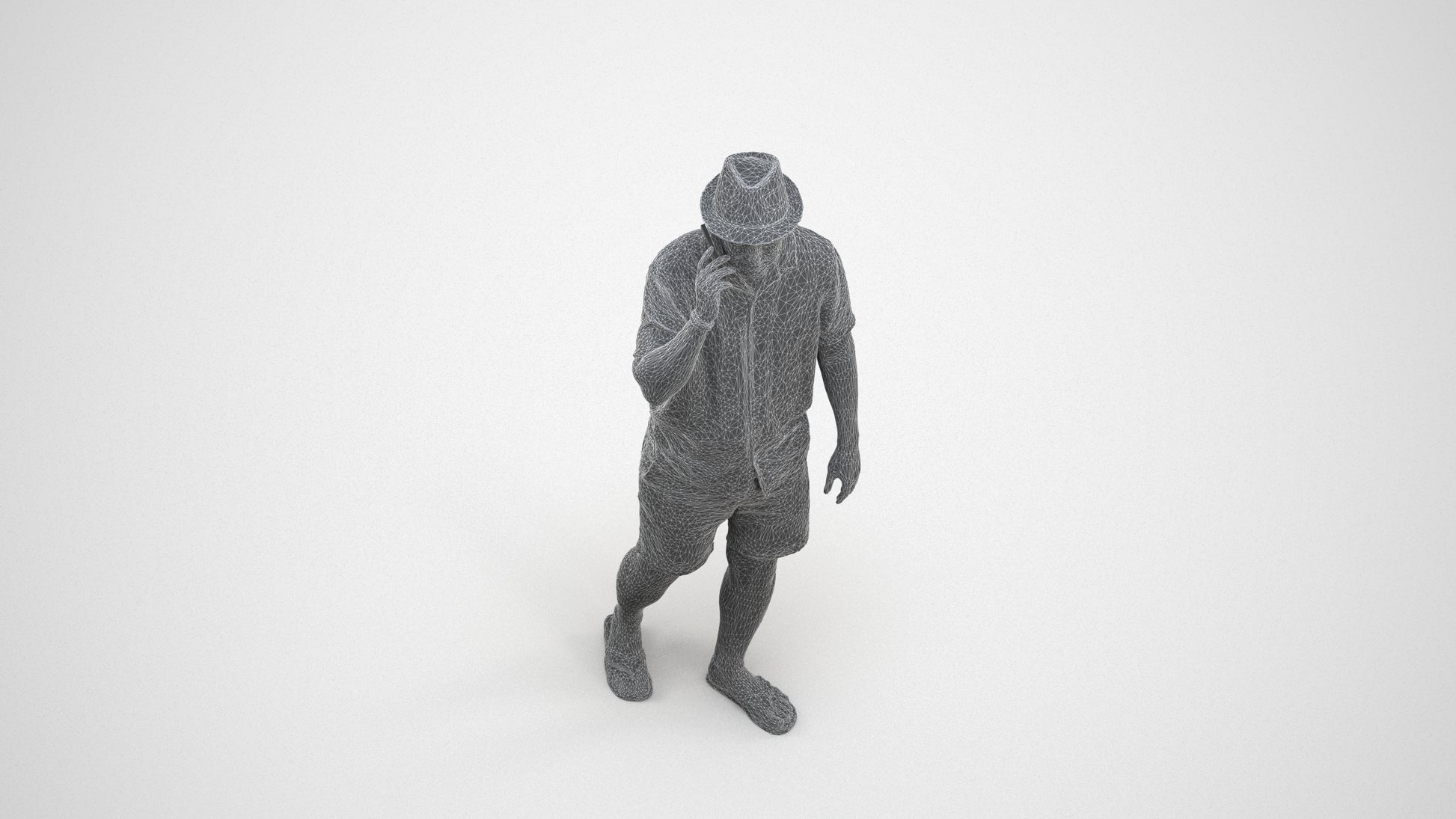 3D human model man walking, photogrammetry scanned person for archviz, wireframe three-quarter view