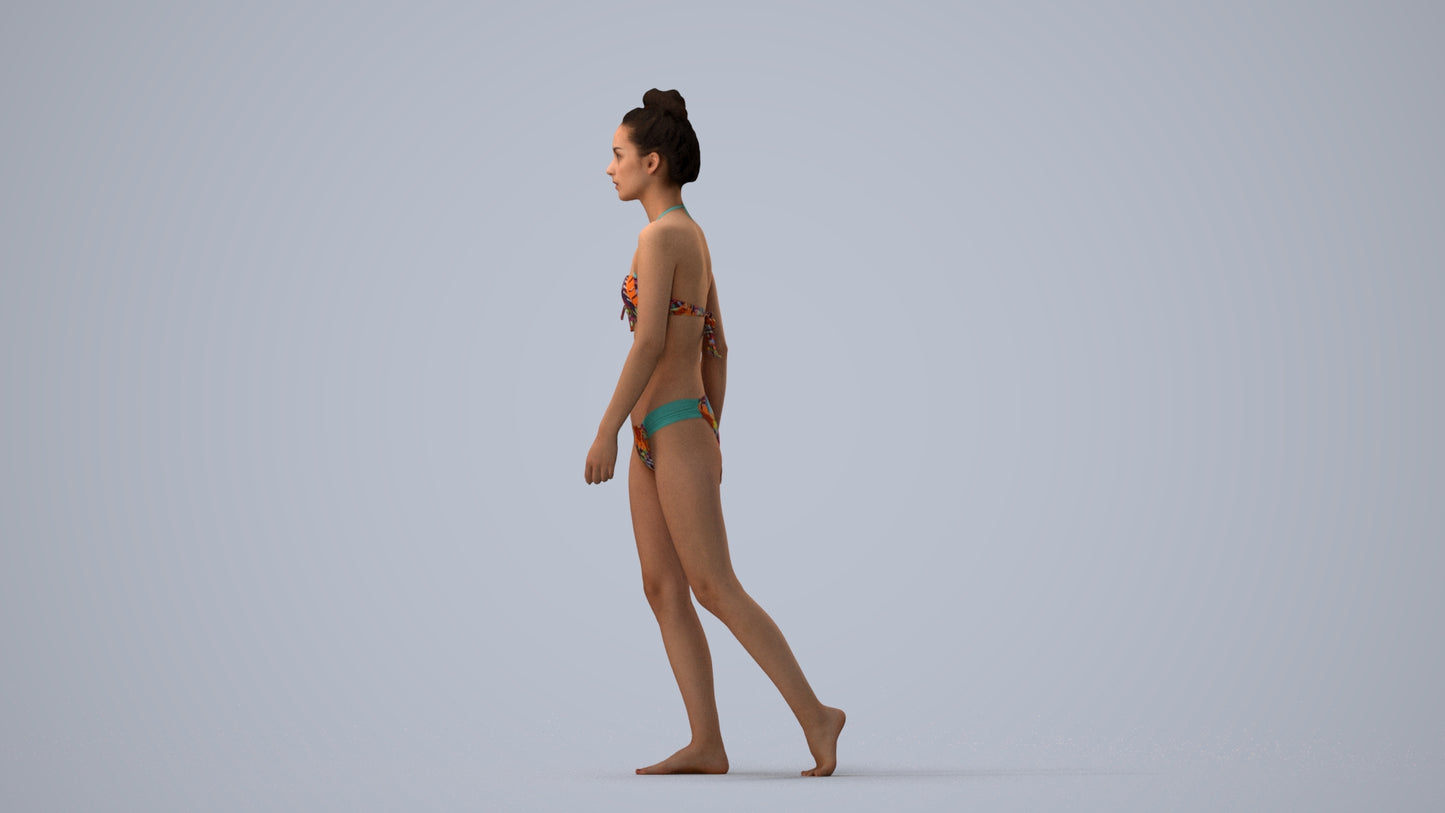realistic 3D human woman pool, archviz people FBX OBJ for Blender, three-quarter view render