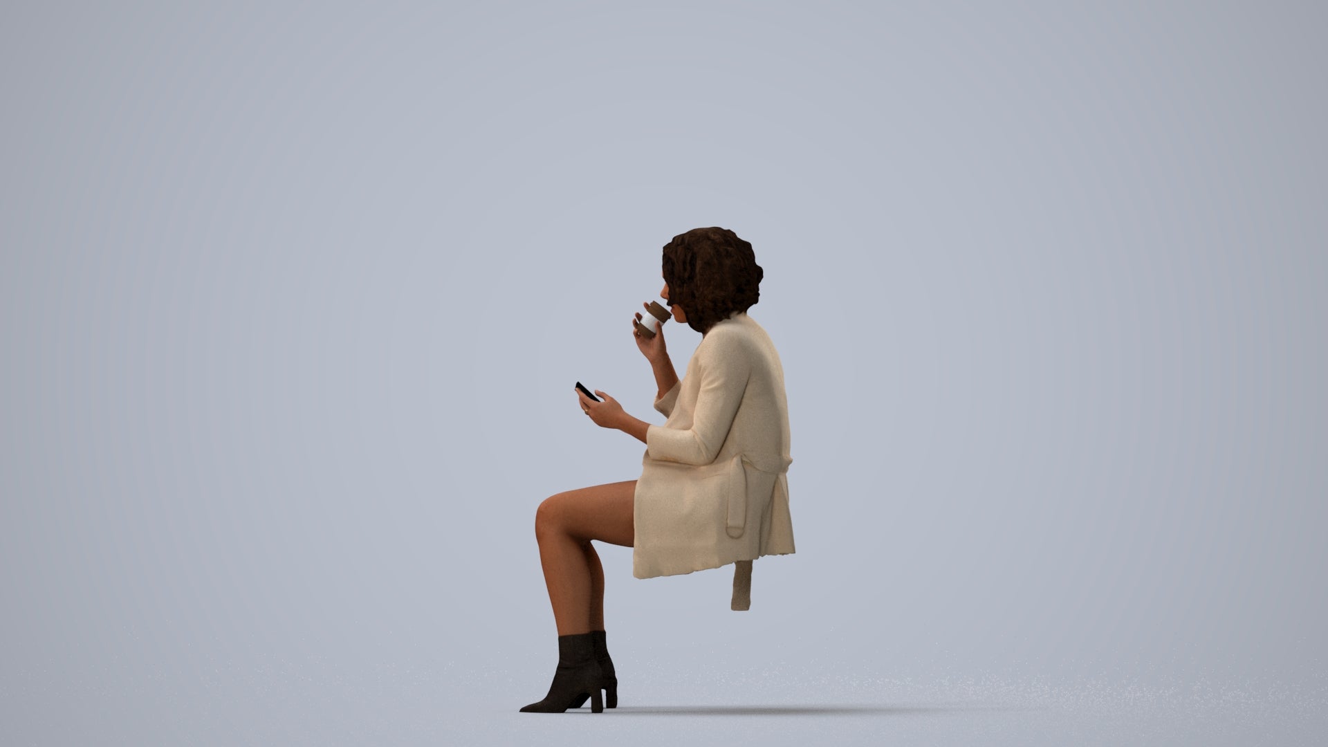 3D people model woman business sitting, scanned human for 3ds Max rendering, three-quarter view render