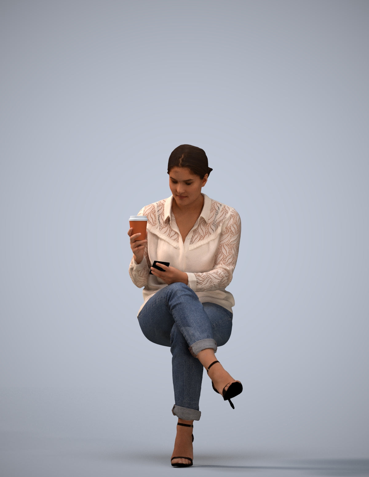 realistic 3D woman casual sitting, scanned archviz people for Blender and 3ds Max