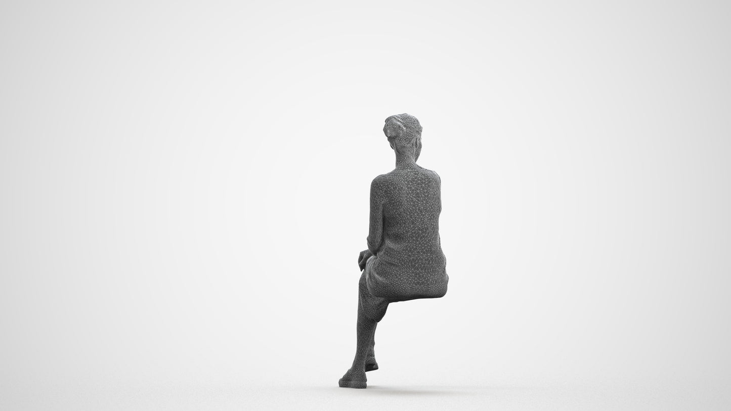 3D scanned woman sitting casual, photorealistic archviz people for Enscape and SketchUp, wireframe front view